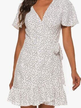 V Neck Polka Dot Print Ruffle Mini Floral Boho Dress (XL)